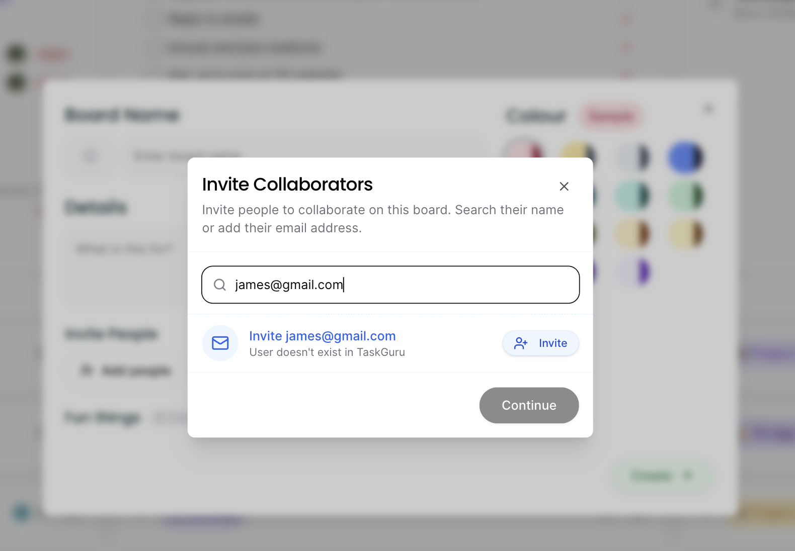 Invite collaborator modal for entering email